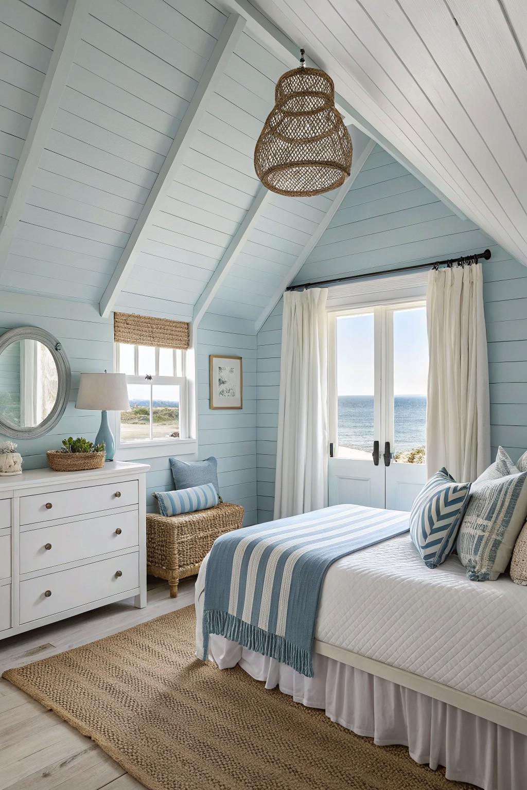 Cozy bedroom with pale blue shiplap walls and white trim overlooking the ocean