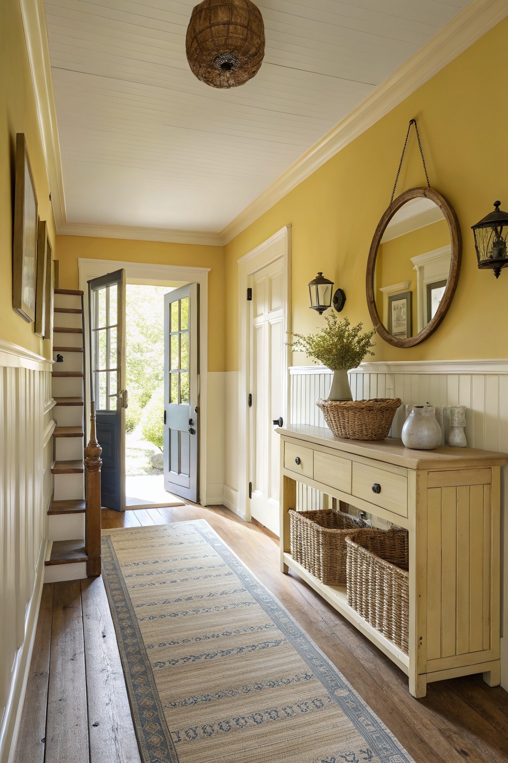 Sunlit hallway with pale butter yellow upper walls, white wainscoting, woven baskets on a cream console, and open door revealing greenery
