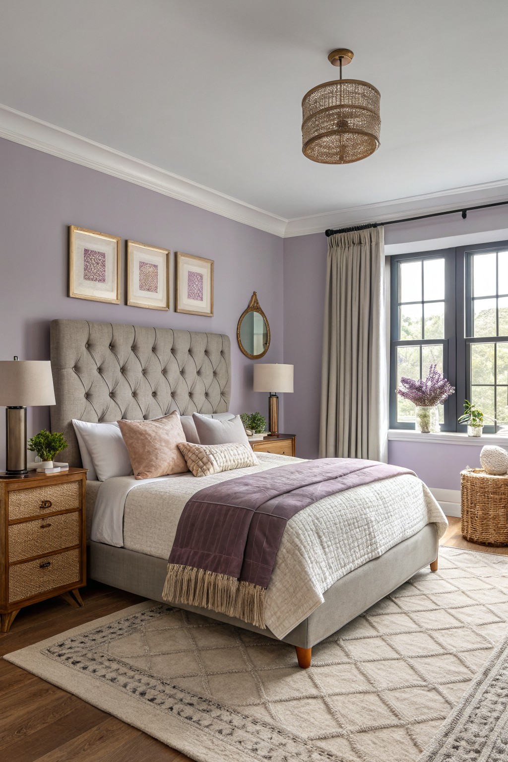 Cozy bedroom featuring pale lavender walls, tufted gray headboard, wood nightstands, and layered textiles on the bed
