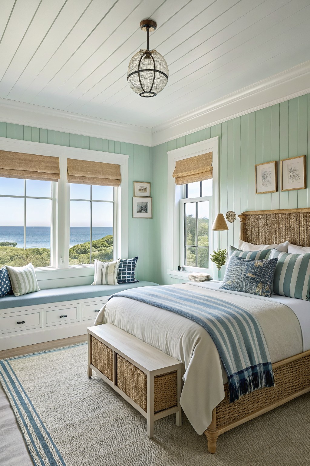 Bedroom with pale mint green shiplap walls, rattan bed, ocean-view windows, and blue-striped bedding