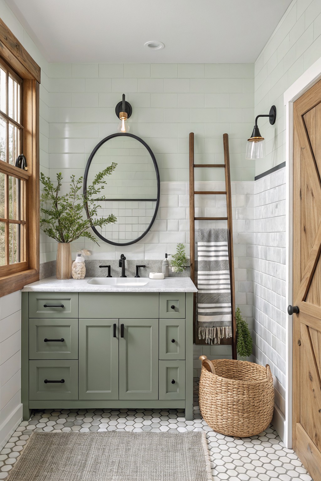 Cozy bathroom featuring pale sage green walls and matching cabinetry, oval black-framed mirror, wooden ladder towel rack, black fixtures, and white subway tile with hexagonal floor.