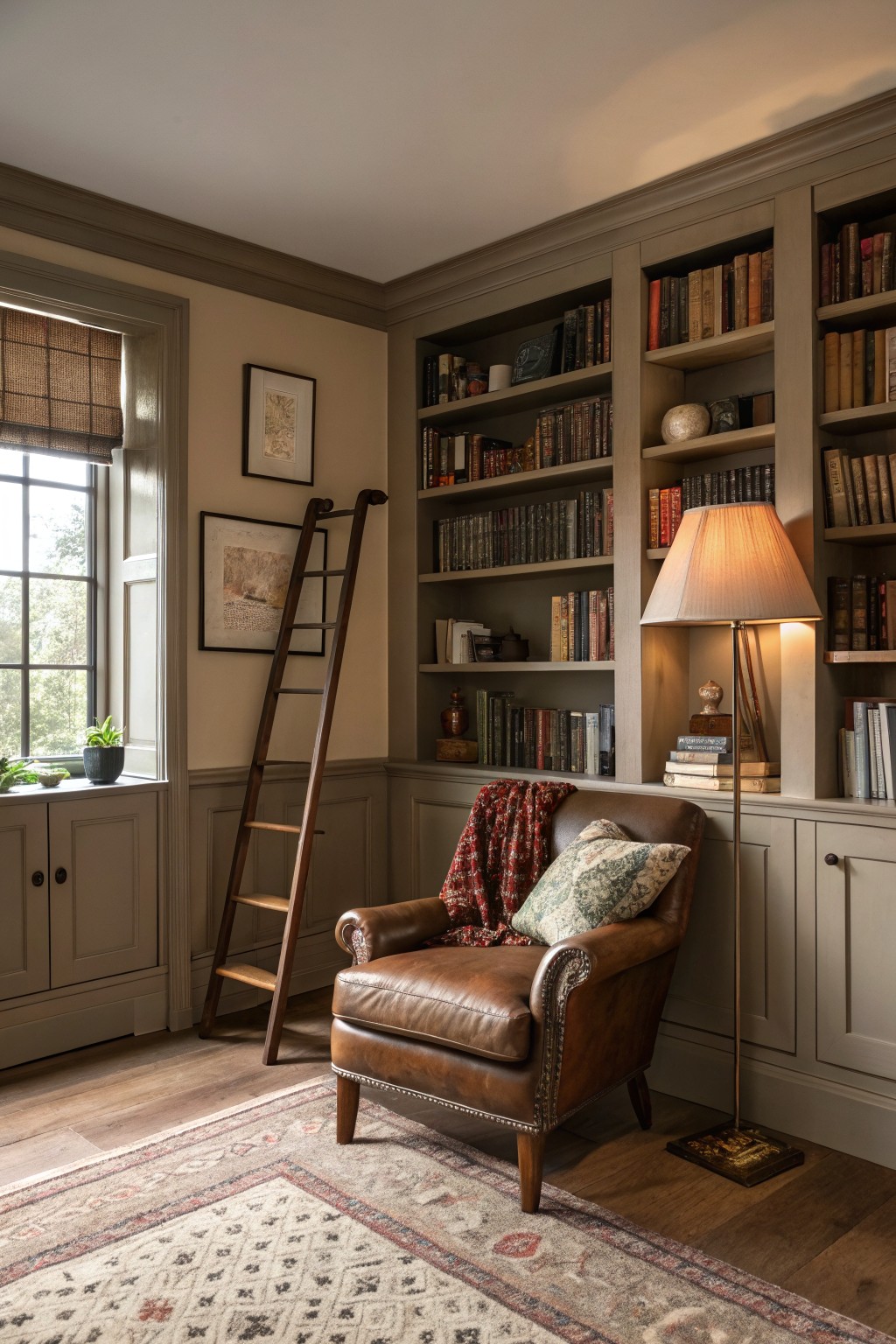 Cozy library corner with soft greige painted walls and bookshelves, wooden ladder, leather armchair, lamp, and window view