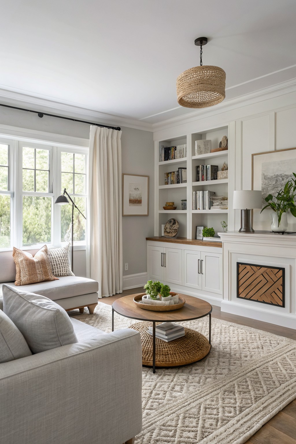 Living room with soft greige walls, white cabinetry, wood coffee table, and beige sofa