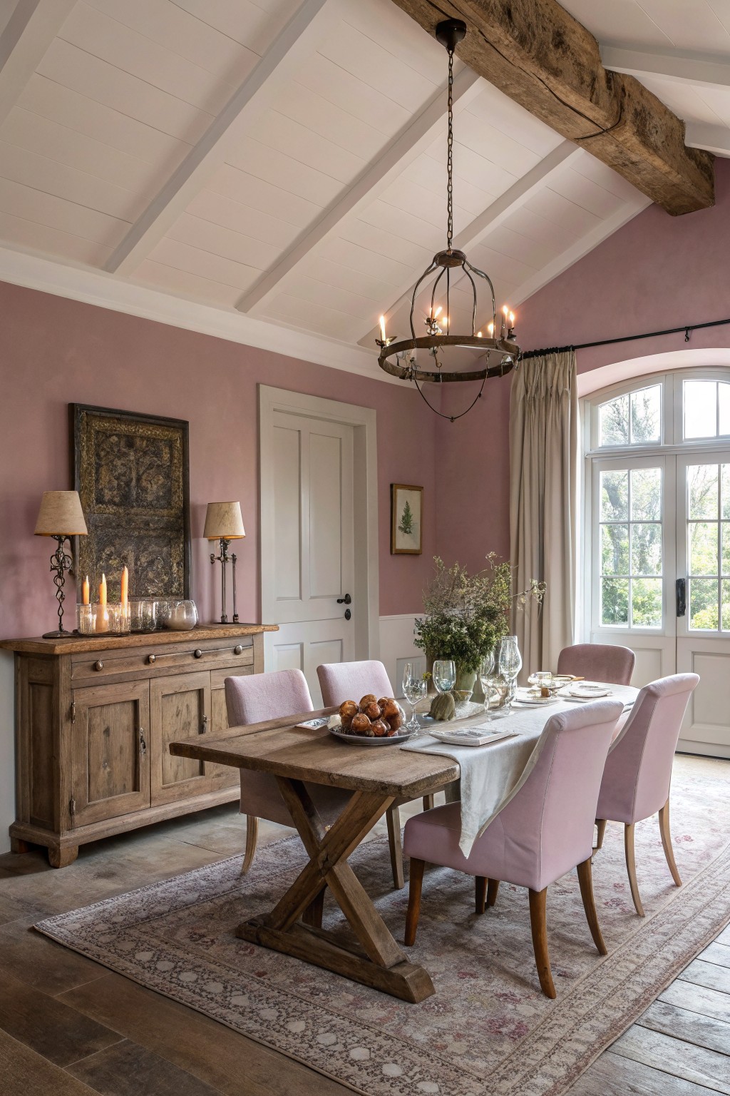 Dining room with soft mauve pink walls, wooden table and sideboard, pink upholstered chairs, chandelier, and large window