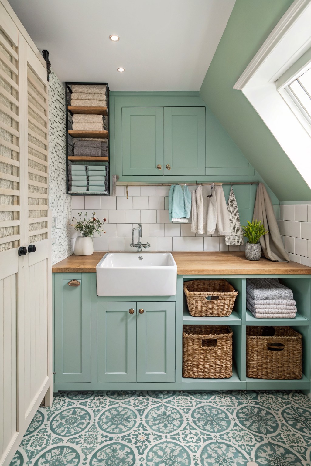 Attic-style laundry room with soft sage green cabinets and sloped walls, white farmhouse sink on wood countertop, subway tile splashback, hanging linens, and teal-patterned floor tiles