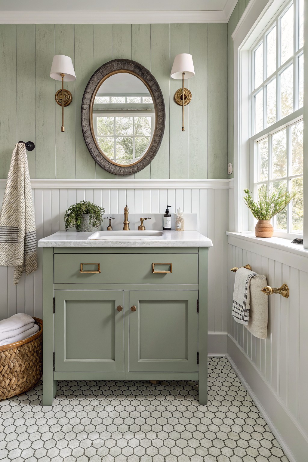 Cozy bathroom featuring soft sage green shiplap walls and matching vanity, white wainscoting, brass sconces and faucet, round mirror, and white hex tile floor