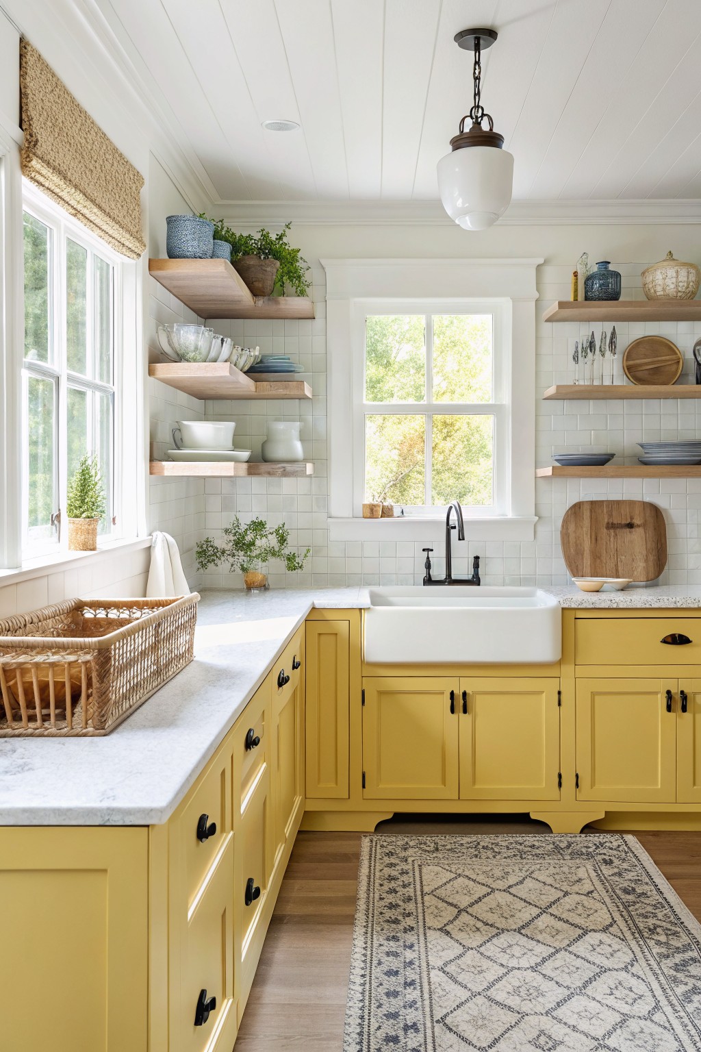 Bright yellow lower cabinets in a white shiplap kitchen with floating wood shelves, farmhouse sink, plants, and natural light from double-hung windows