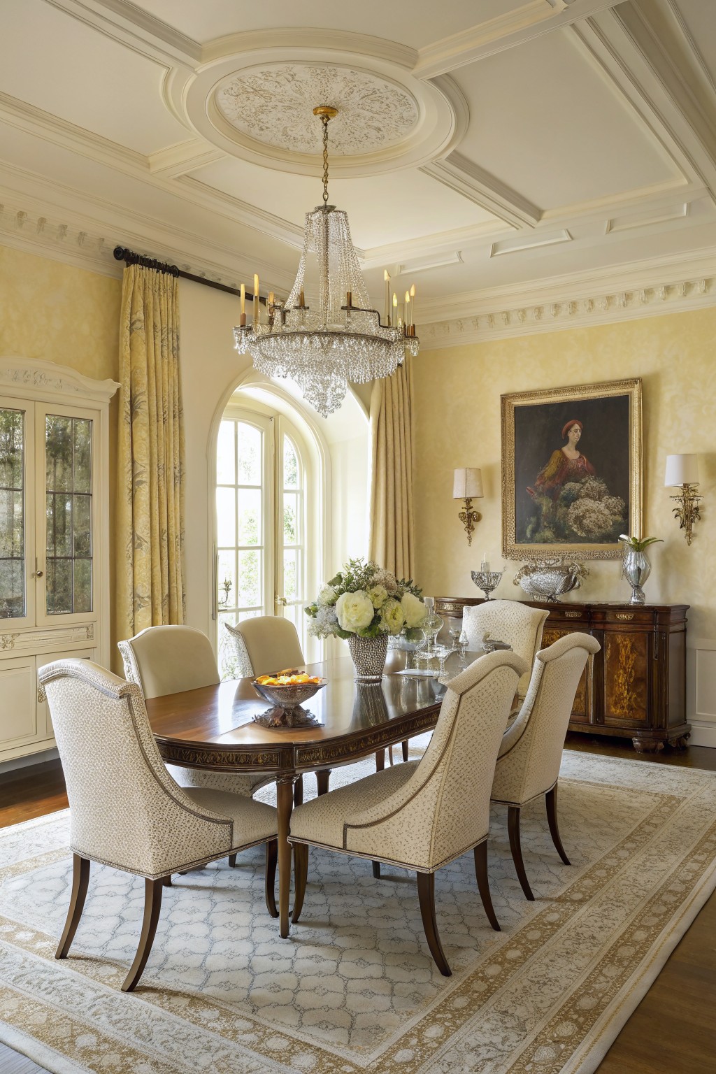 Elegant dining room with warm cream walls, crystal chandelier, and dark wood table under soft lighting