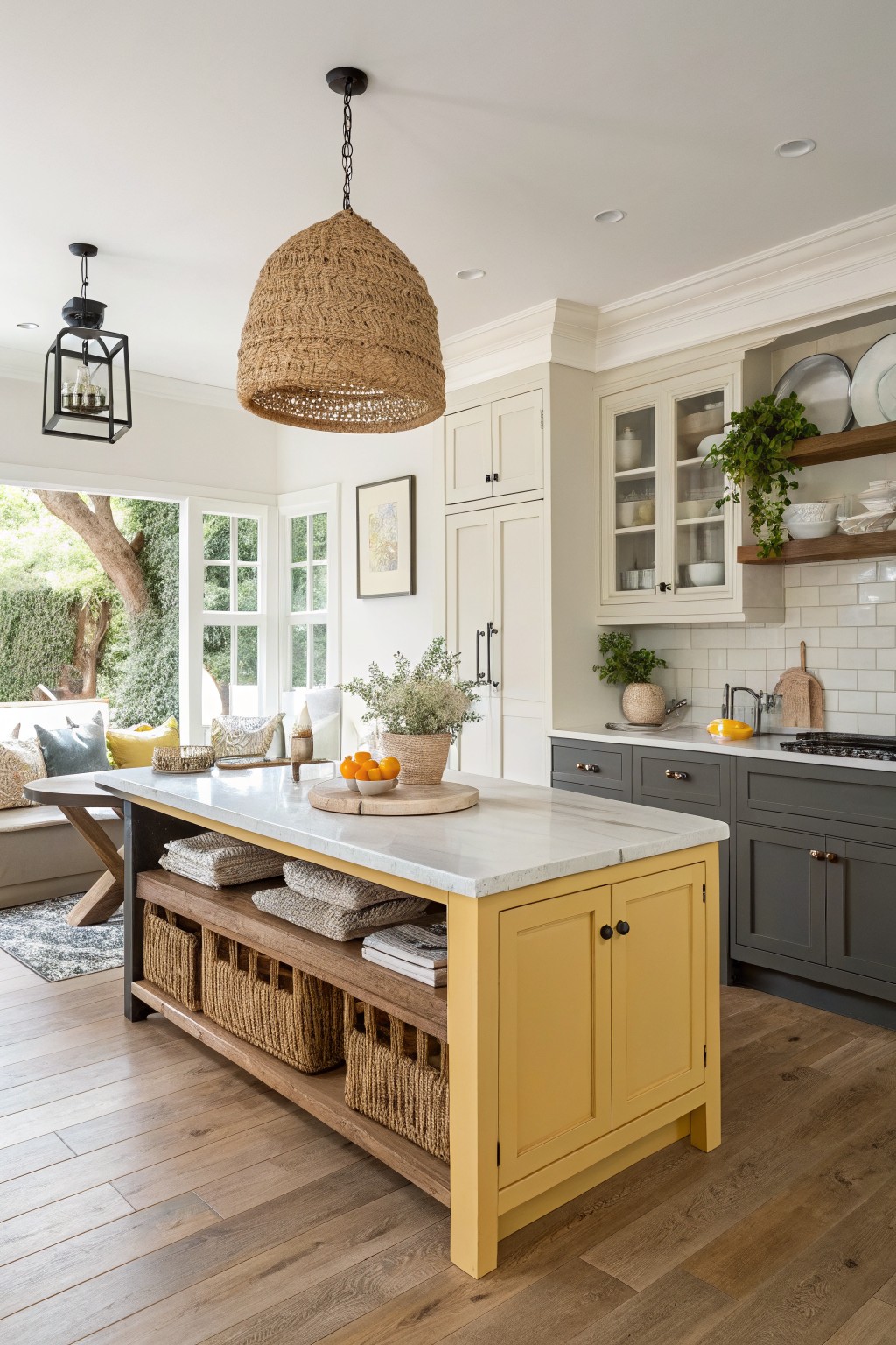 Kitchen featuring a standout mustard yellow painted island amid gray cabinets, white walls, and wood floors
