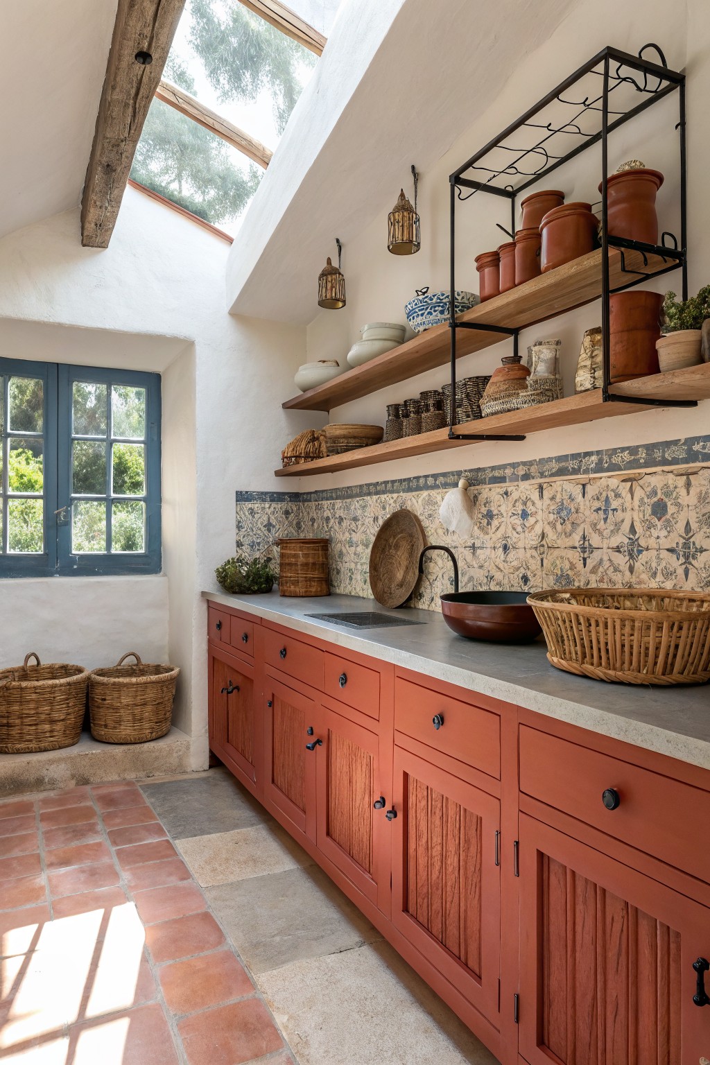 Rustic kitchen with deep terracotta cabinets, white plaster walls, blue-and-white tiled backsplash, iron shelving holding pottery, woven baskets, and terracotta tile floor under wooden beams and skylight