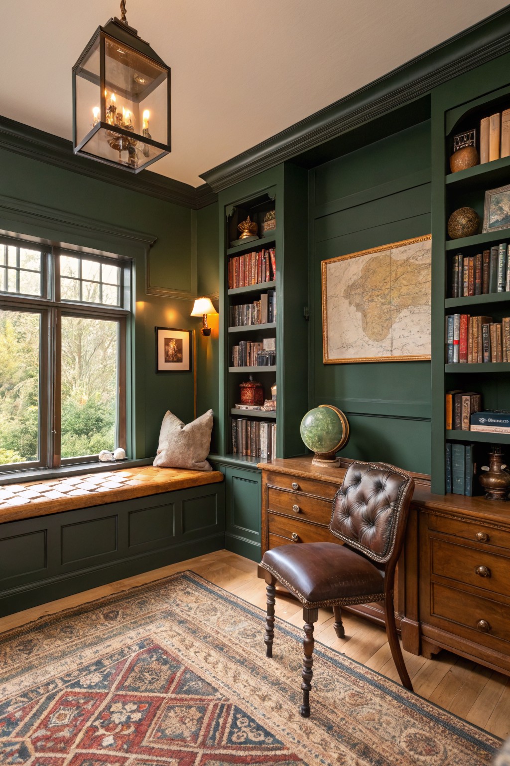 Cozy home study with deep green paneled walls and bookshelves, wooden window seat, leather desk chair, globe, map, and brass lamp by a large window