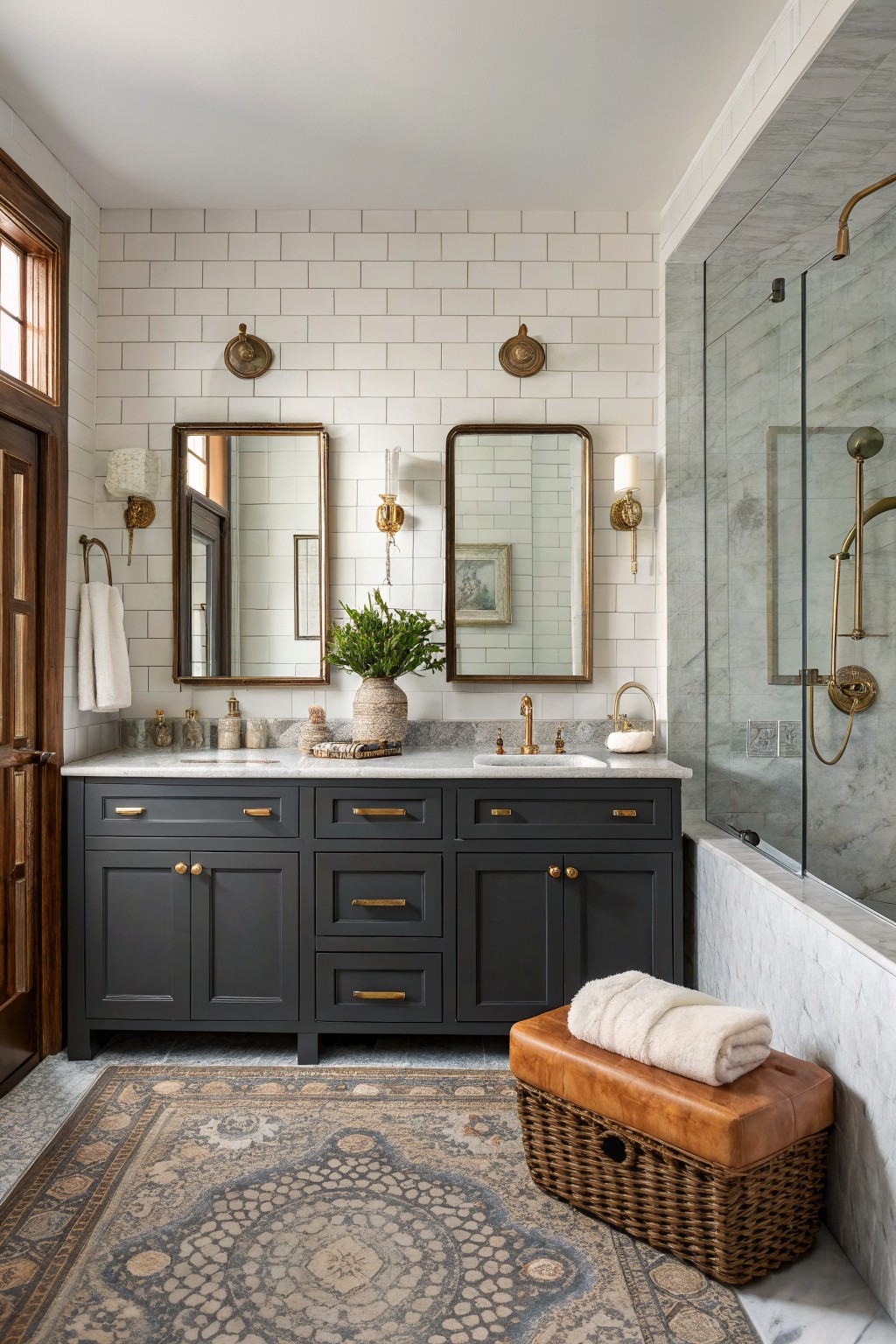 Bathroom with deep navy double-sink vanity, white subway tile walls, brass hardware, glass shower, and marble floors