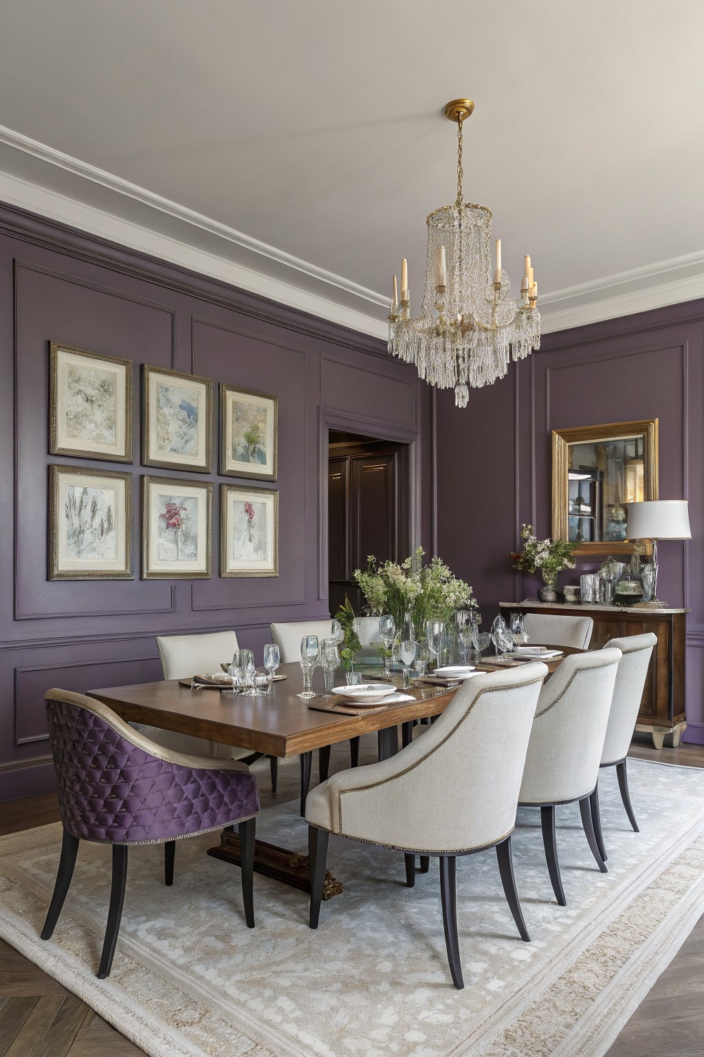 Elegant dining room with deep purple paneled walls, crystal chandelier, wood table, white upholstered chairs, and floral artwork