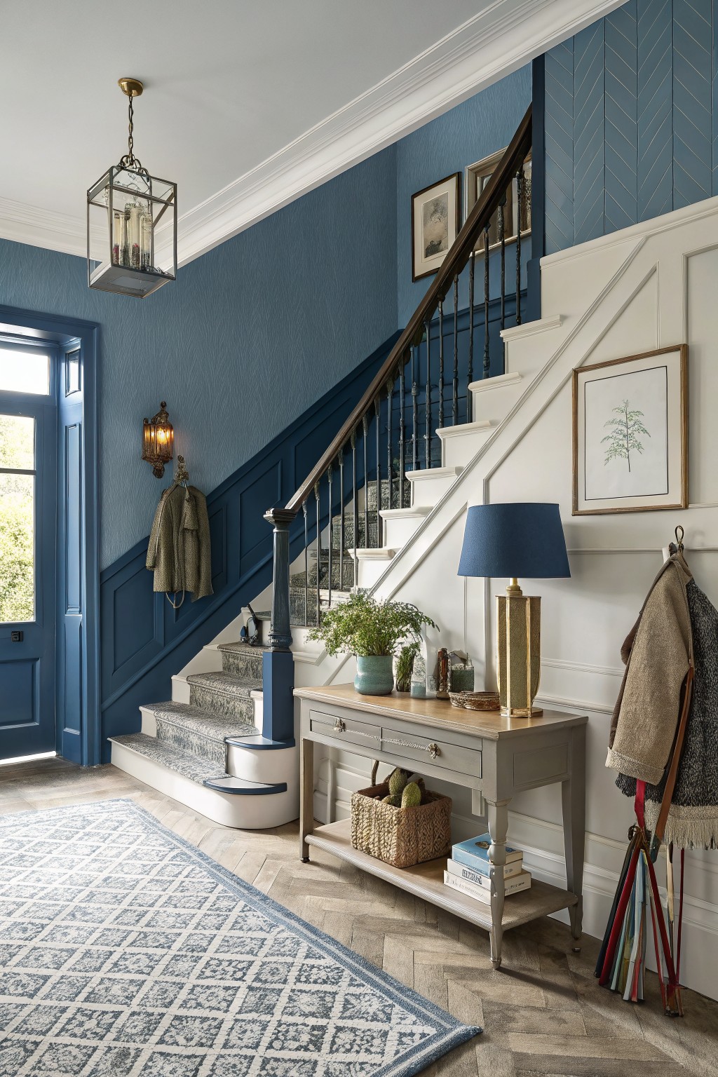 Entryway hallway with deep navy blue paneled walls, white wainscoting, dark wood staircase, gray console table, plants, coats, and umbrellas on hardwood floors