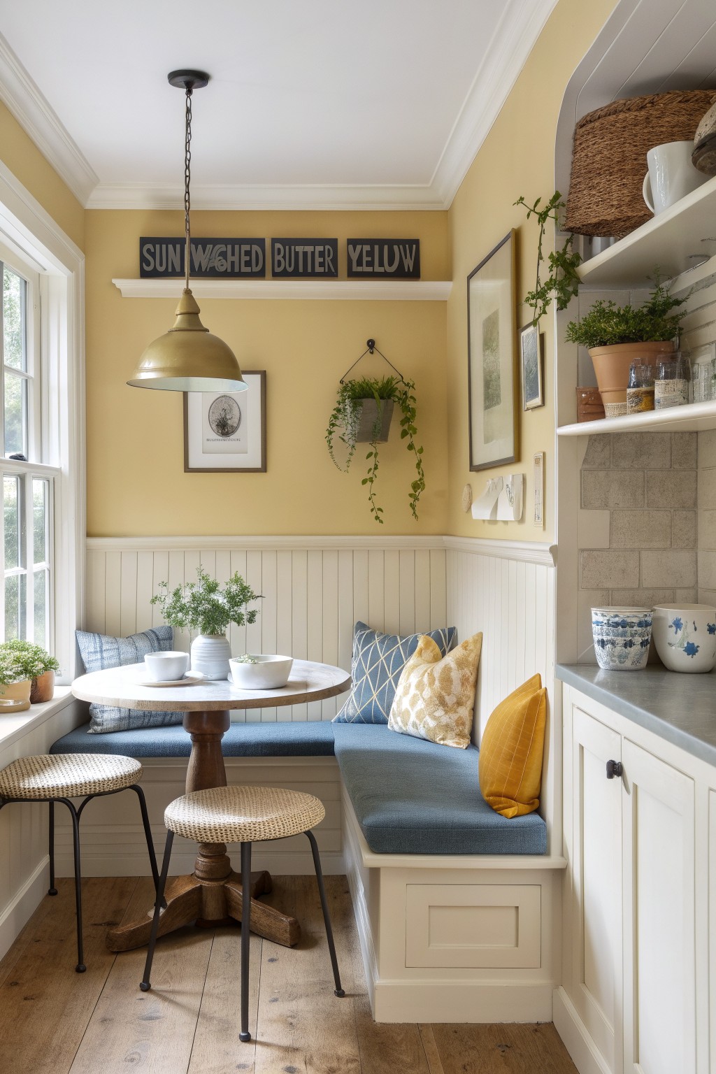 Cozy kitchen nook featuring pale butter yellow walls, white wainscoting booth seating around a round wood table, pendant light, plants, and open shelving