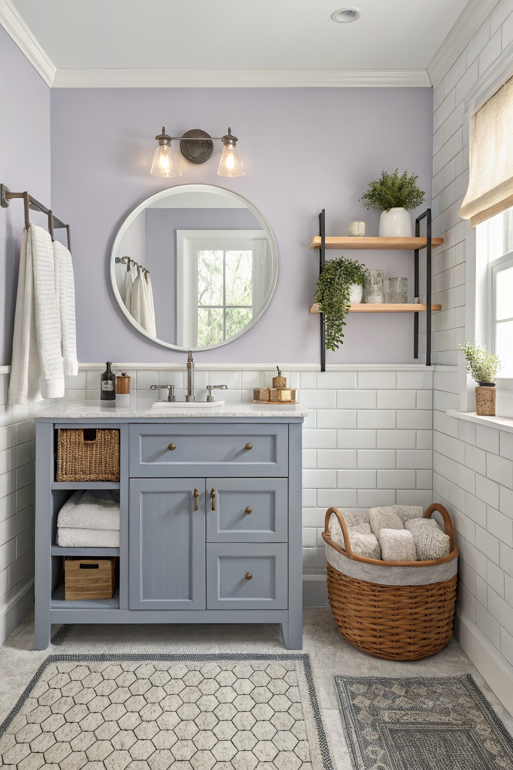 Bathroom with pale lavender walls, white subway tile, gray-blue vanity, round mirror flanked by towels, wood shelves with plants, wicker baskets, and hexagonal floor rug
