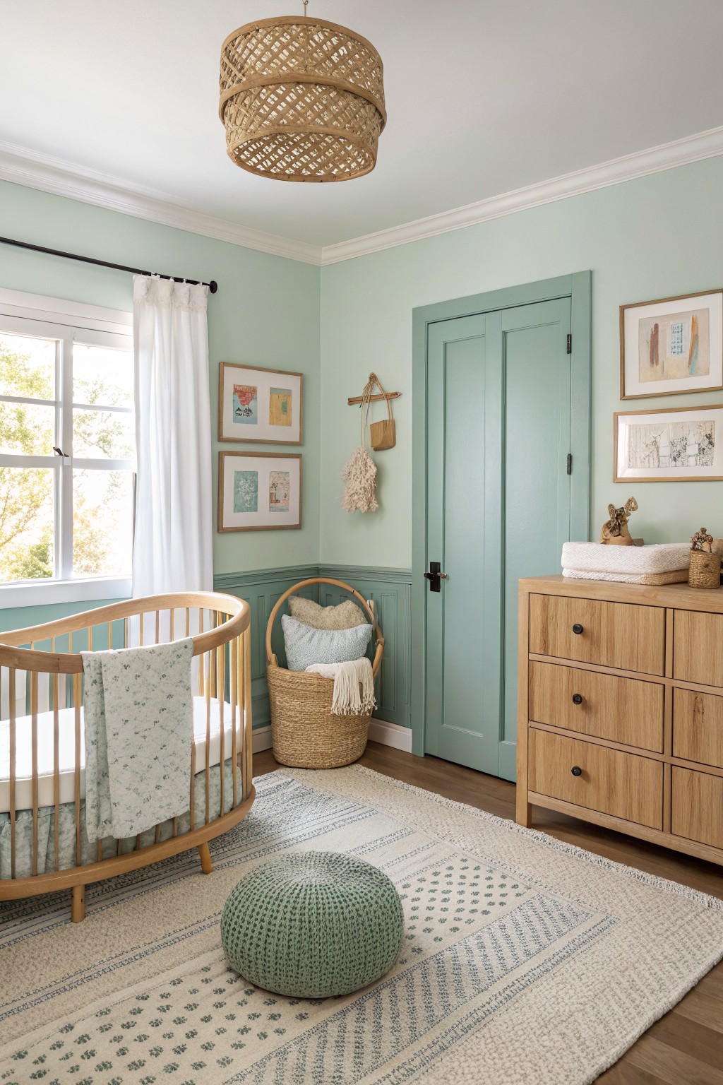 Nursery room with pale sage green walls, oval wooden crib, changing dresser, rattan basket, and woven rug