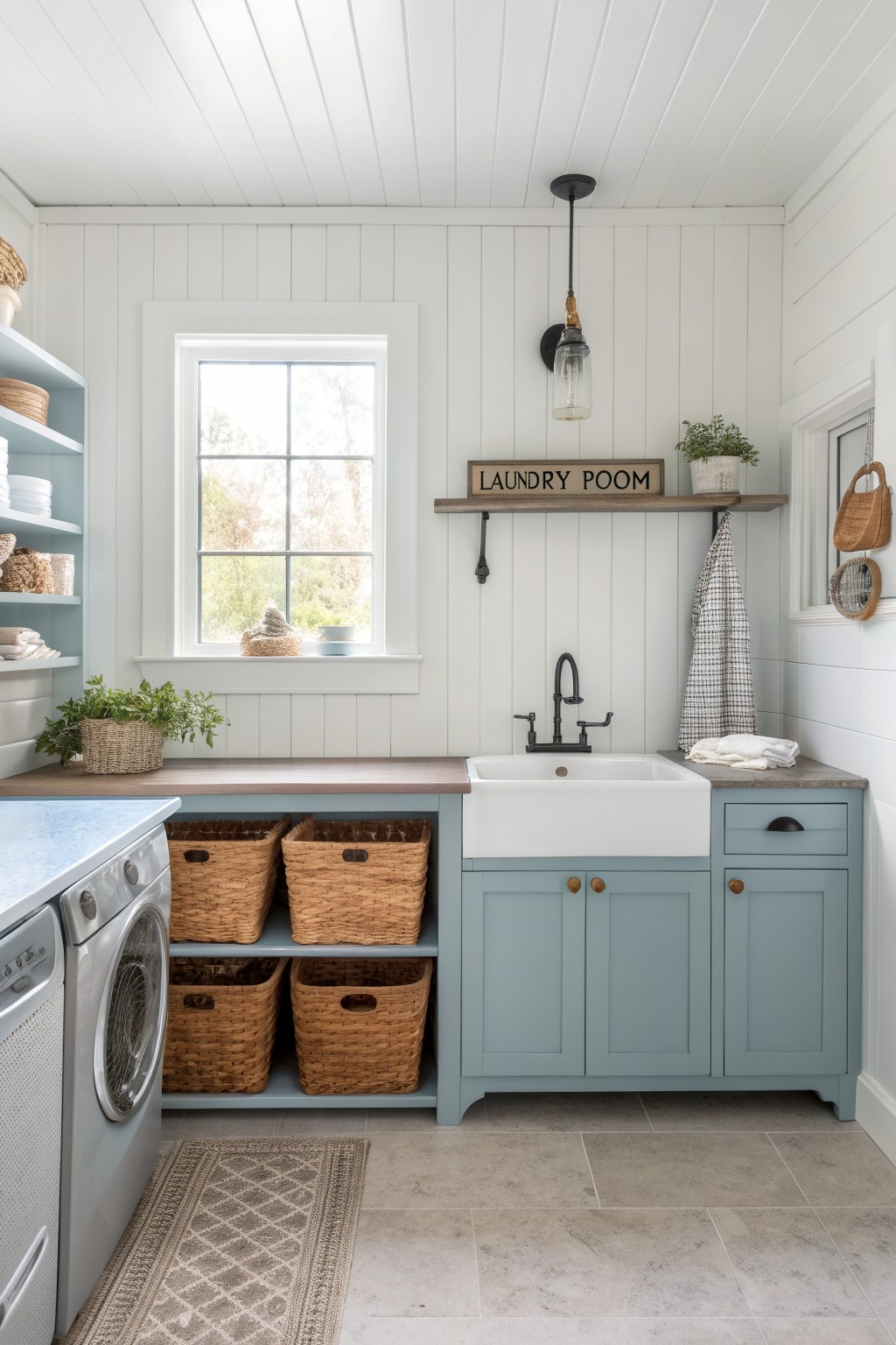 Laundry room featuring soft pale blue cabinets under white shiplap walls with wicker storage and a farmhouse sink