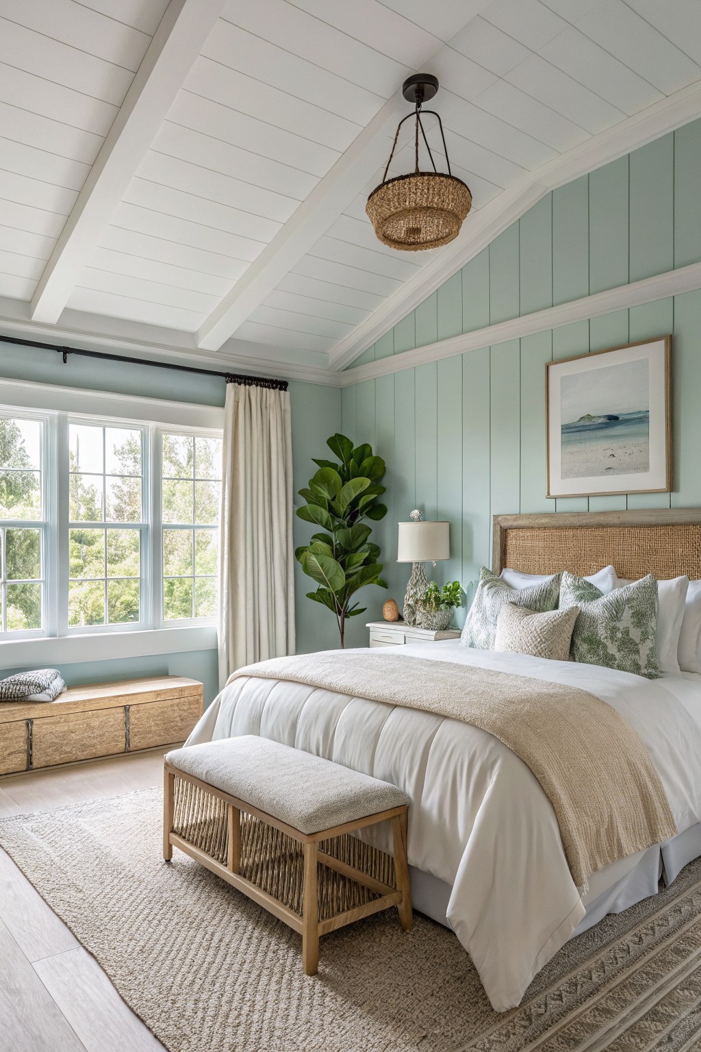 Cozy bedroom featuring pale blue-green shiplap walls, rattan headboard, large sunny windows, wood bench, and layered neutral bedding on hardwood floors