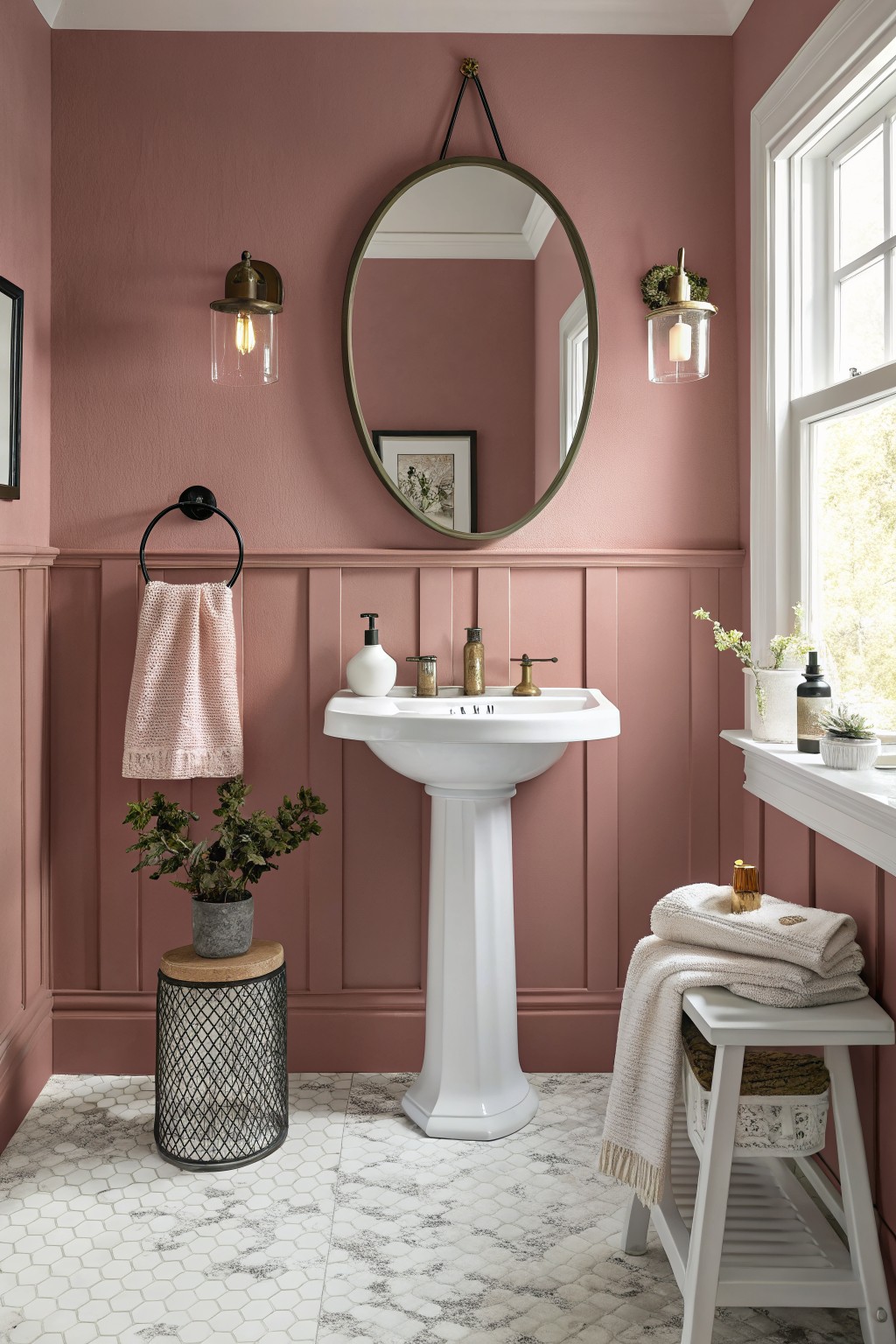 Cozy bathroom featuring soft blush pink walls with white wainscoting, pedestal sink, brass fixtures, round mirror, plants, and towels on a wooden stool