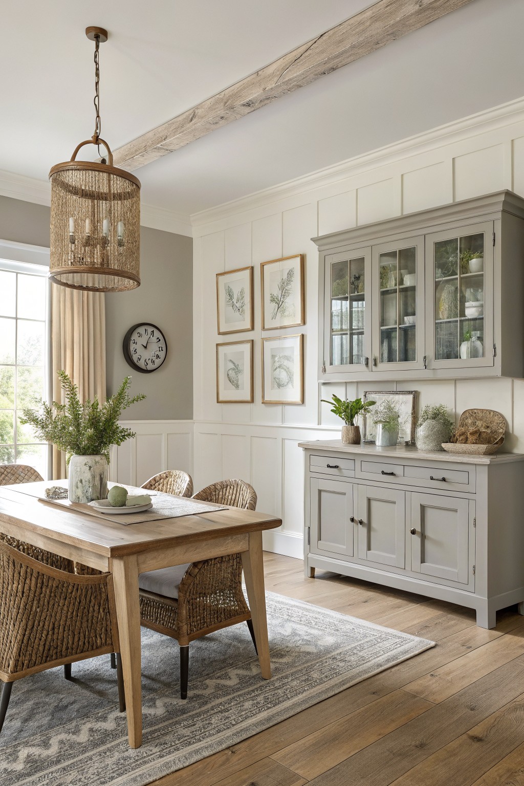 Cozy dining room featuring soft greige walls, light gray cabinets with glass doors, wooden table with rattan chairs, and neutral decor accents