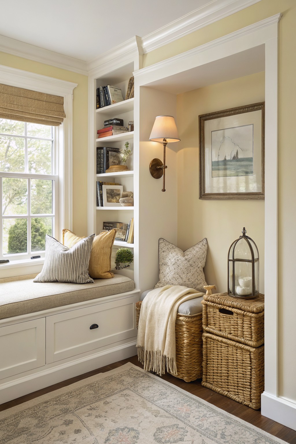 Cozy window seat nook with soft pale yellow walls, white built-in bookshelves, throw pillows, knit blanket, and wicker baskets on hardwood floor