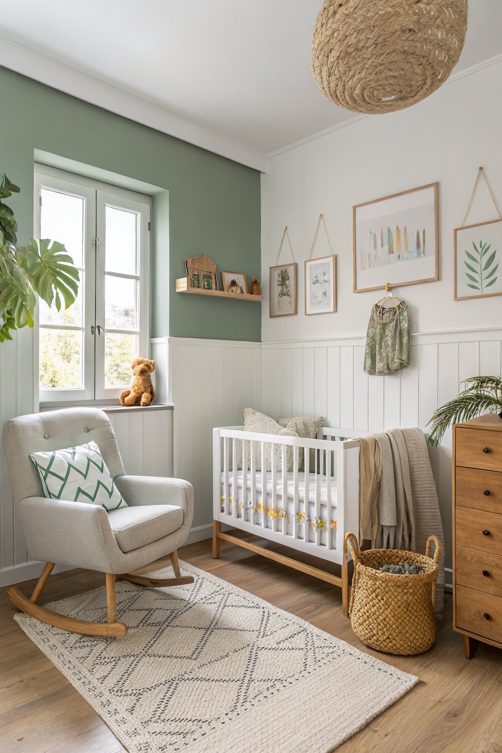Cozy nursery with soft sage green upper walls, white wainscoting, wooden crib and dresser, gray rocking chair, teddy bear on windowsill, and hanging plants