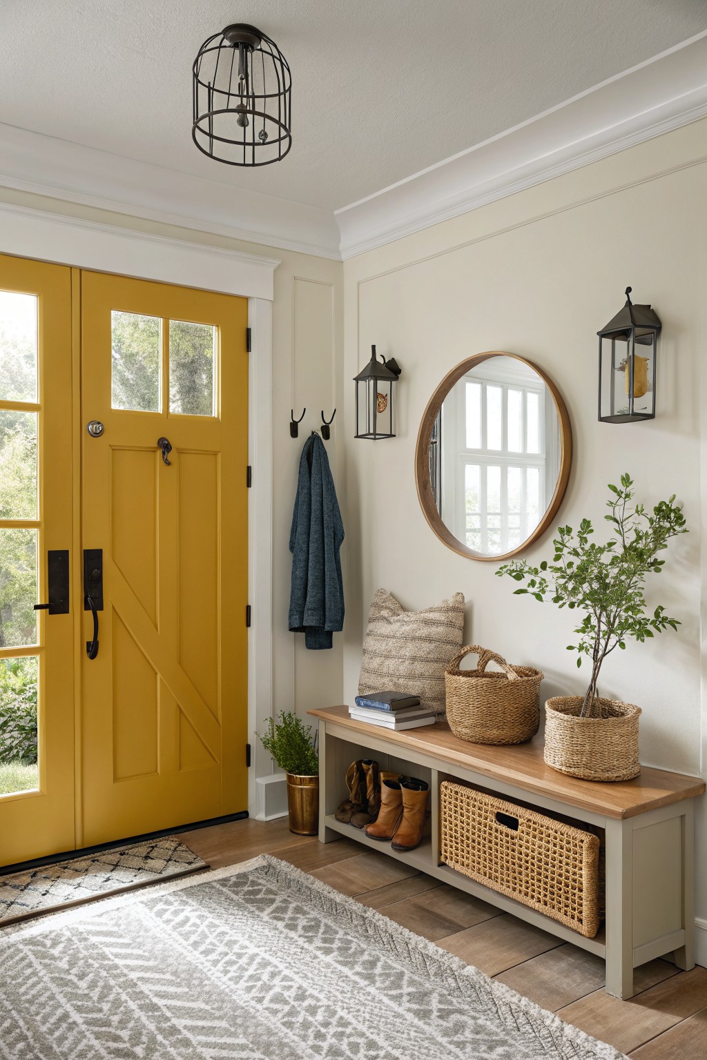 Cozy entryway featuring warm beige walls, a bold yellow front door, woven baskets, and a wood bench