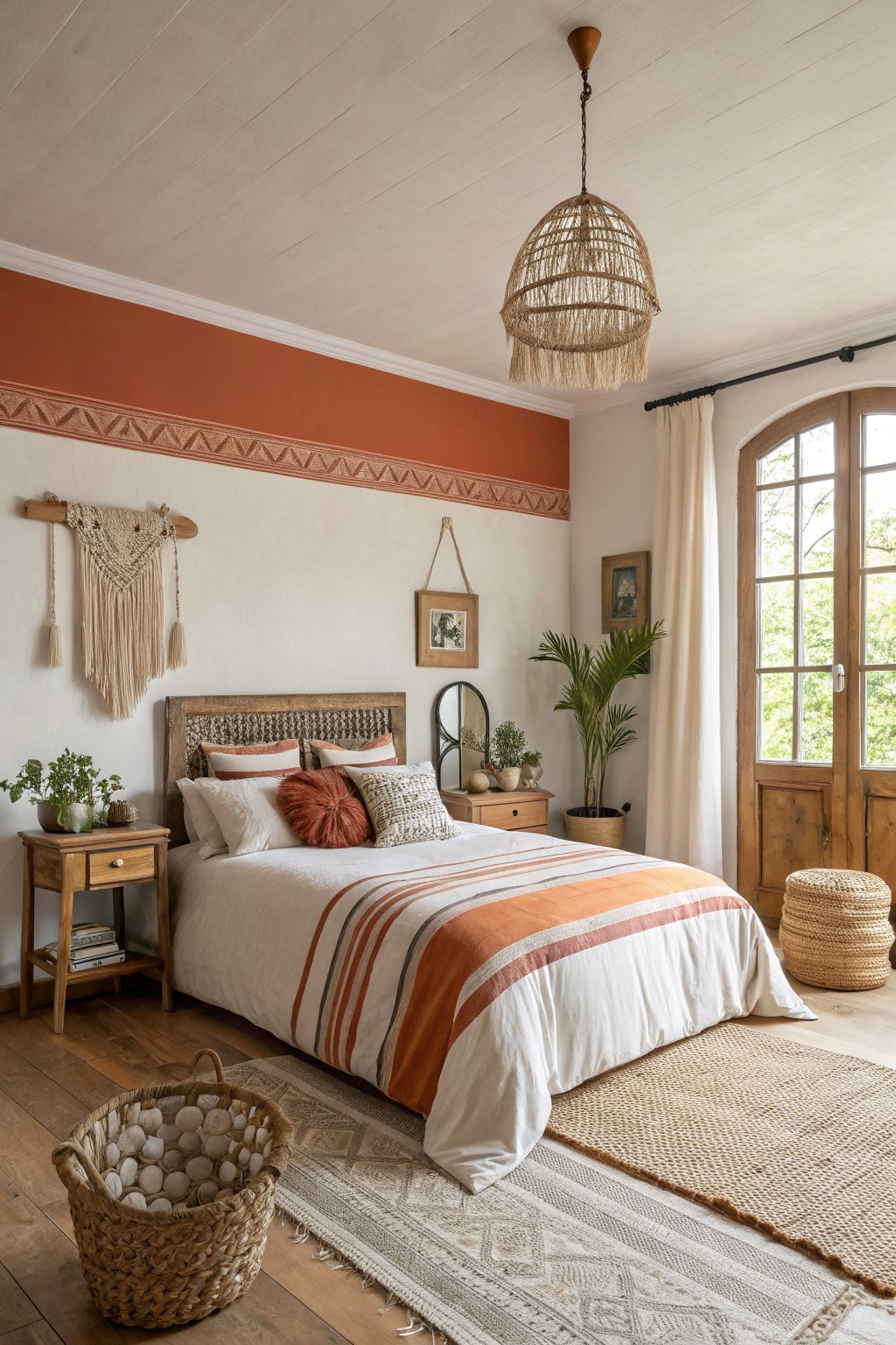 Cozy bedroom with warm terracotta upper wall stripe over creamy white walls, rattan bed frame and decor, orange-striped bedding, wood floors, plants, and arched French doors letting in light