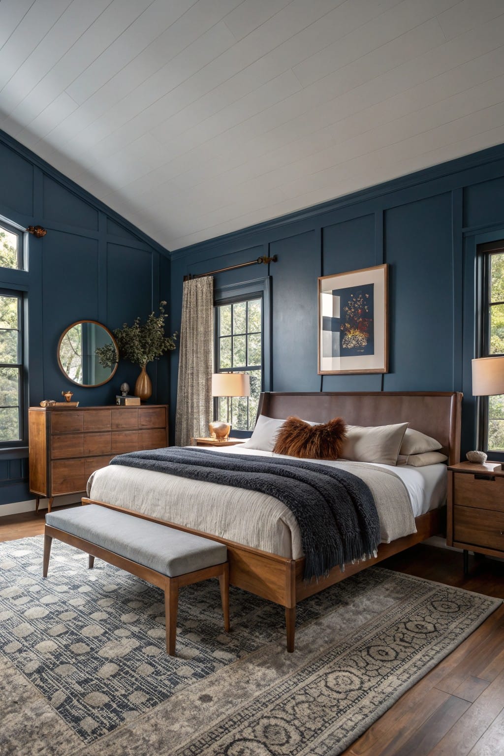 Cozy bedroom featuring deep navy paneled walls, warm wood mid-century bed and dresser, neutral bedding with throw pillows, gray bench at bedfoot, and large windows with sheer curtains
