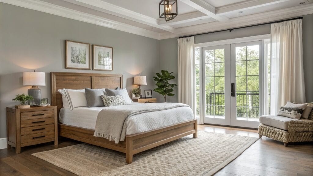 Bedroom with soft greige wood-paneled walls, white beamed ceiling, neutral bed, and ocean view through sliding doors