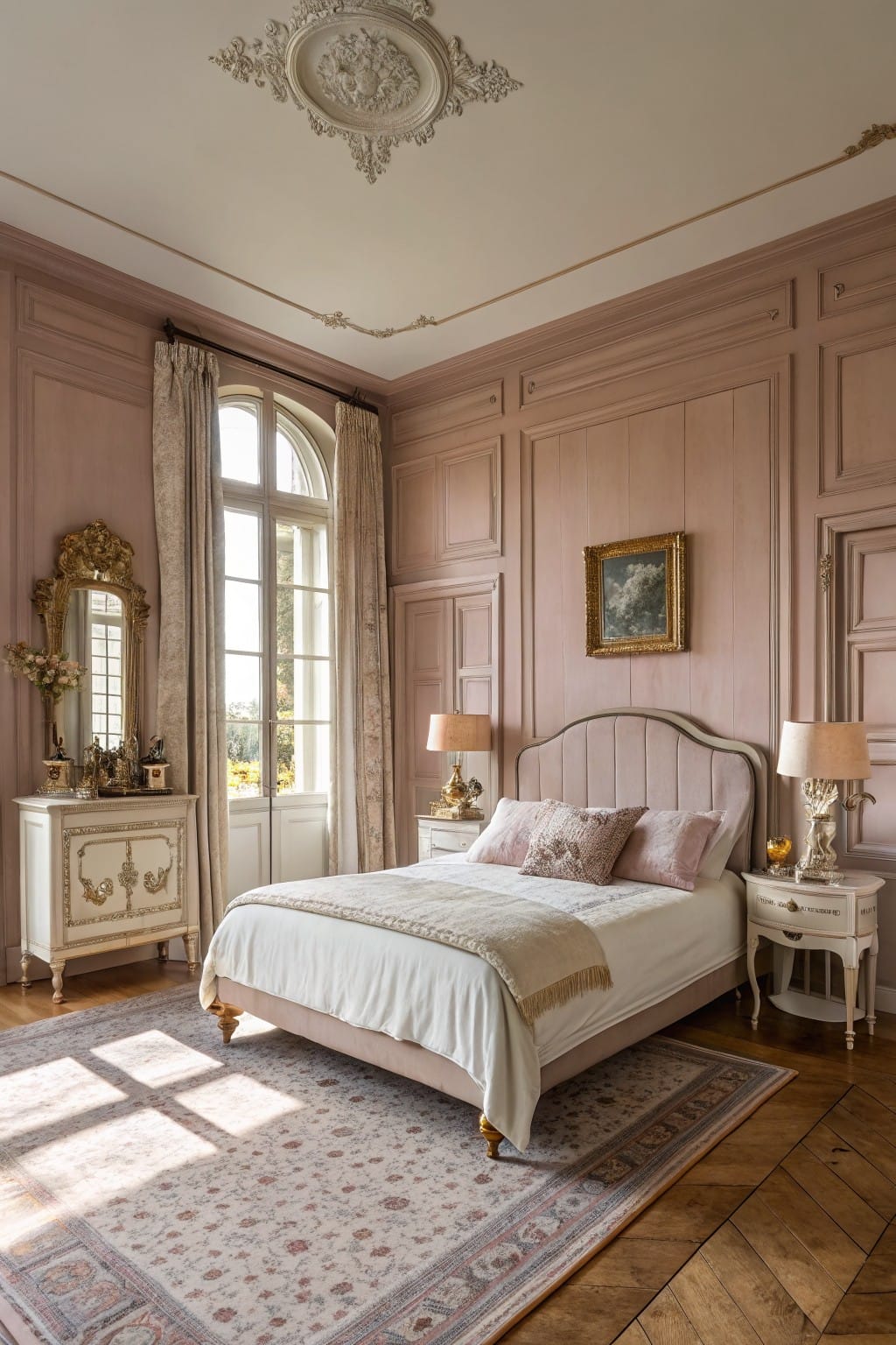 Elegant bedroom with pale pink paneled walls, white bed draped in throws, gilded furniture, and large arched windows letting in soft light