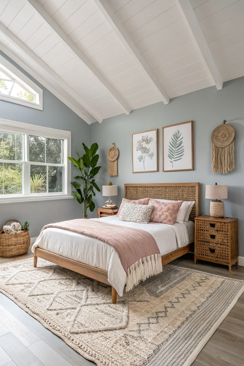 Bedroom with pale blue-gray walls, white vaulted ceiling, large windows with greenery outside, rattan headboard and nightstands on wood bed, pink throw blanket, plants, and woven wall hangings on light wood floors