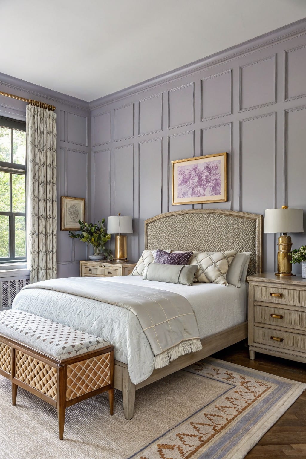 Bedroom with pale lavender gray paneled walls, rattan headboard bed with neutral linens, wood nightstands, gold lamps, and a woven bench on hardwood floors