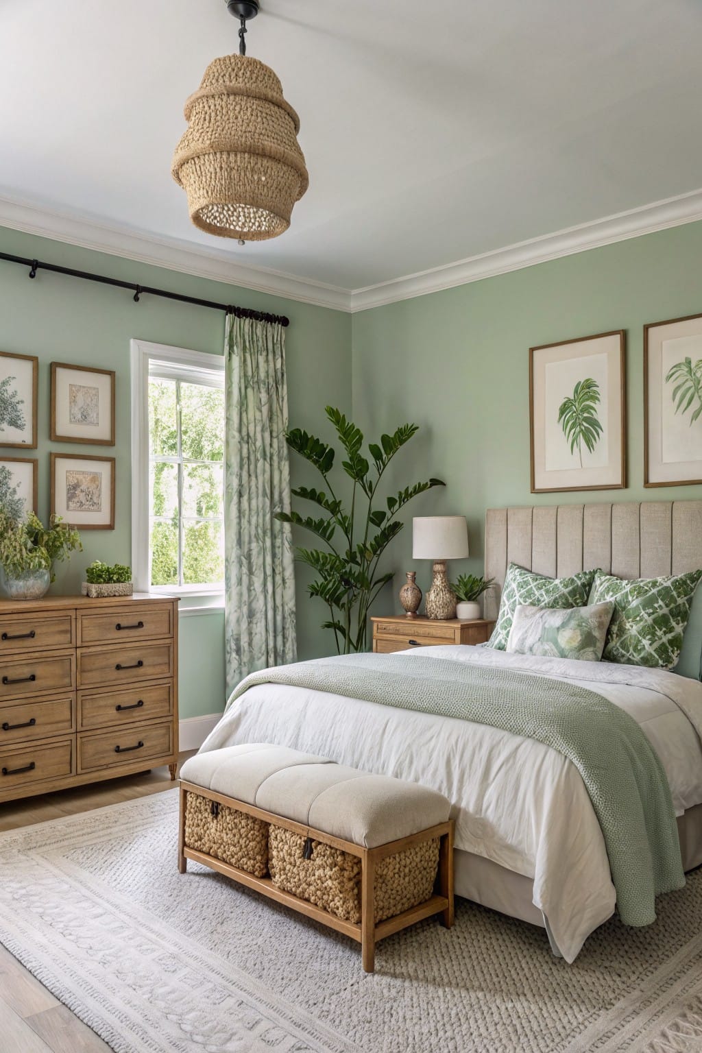 Bedroom featuring pale sage green walls with wood dresser, upholstered bed, potted plants, and neutral textiles under a rattan pendant light