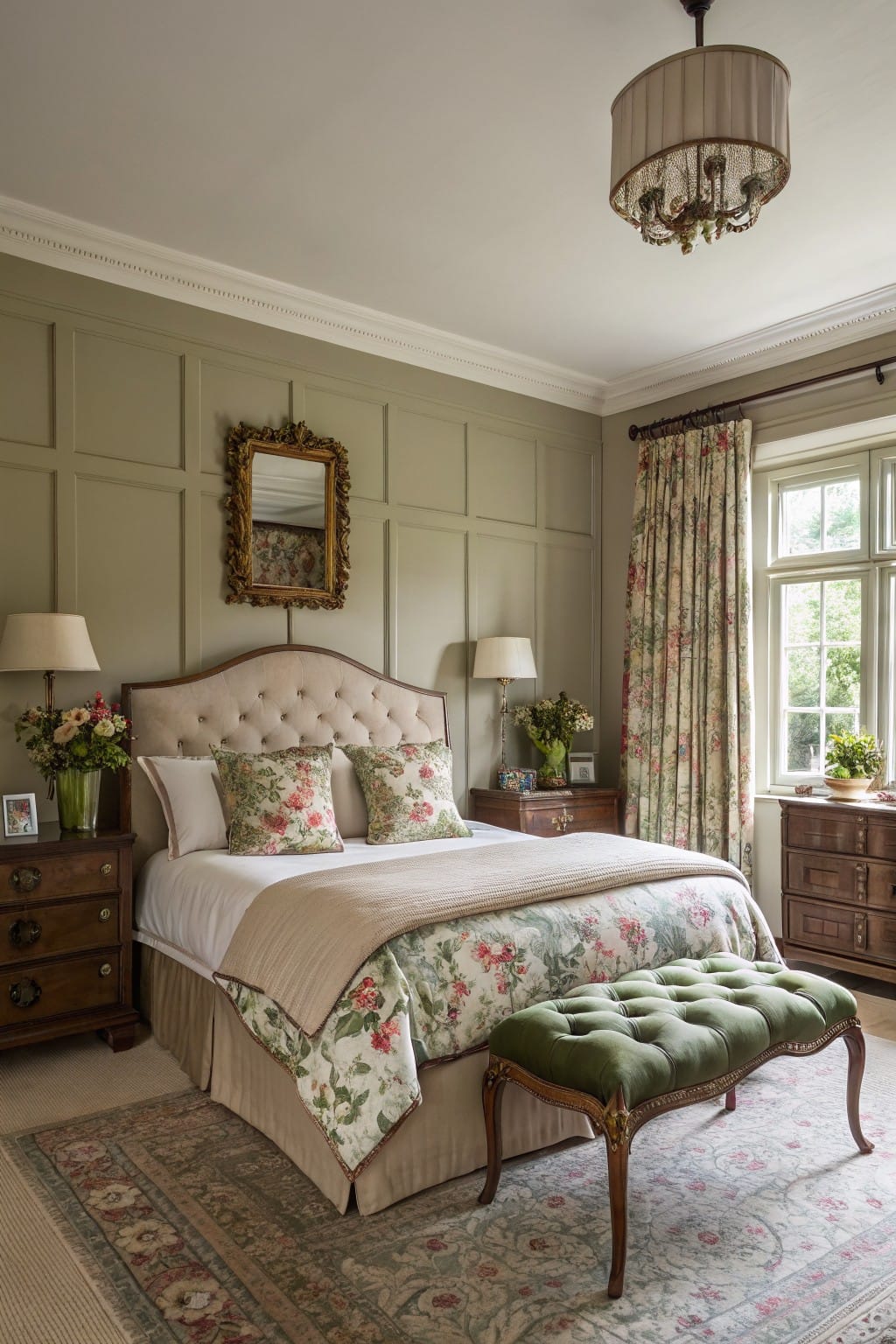 Bedroom with pale sage green paneled walls, tufted beige headboard, floral bedding, green velvet bench, and Persian-style rug
