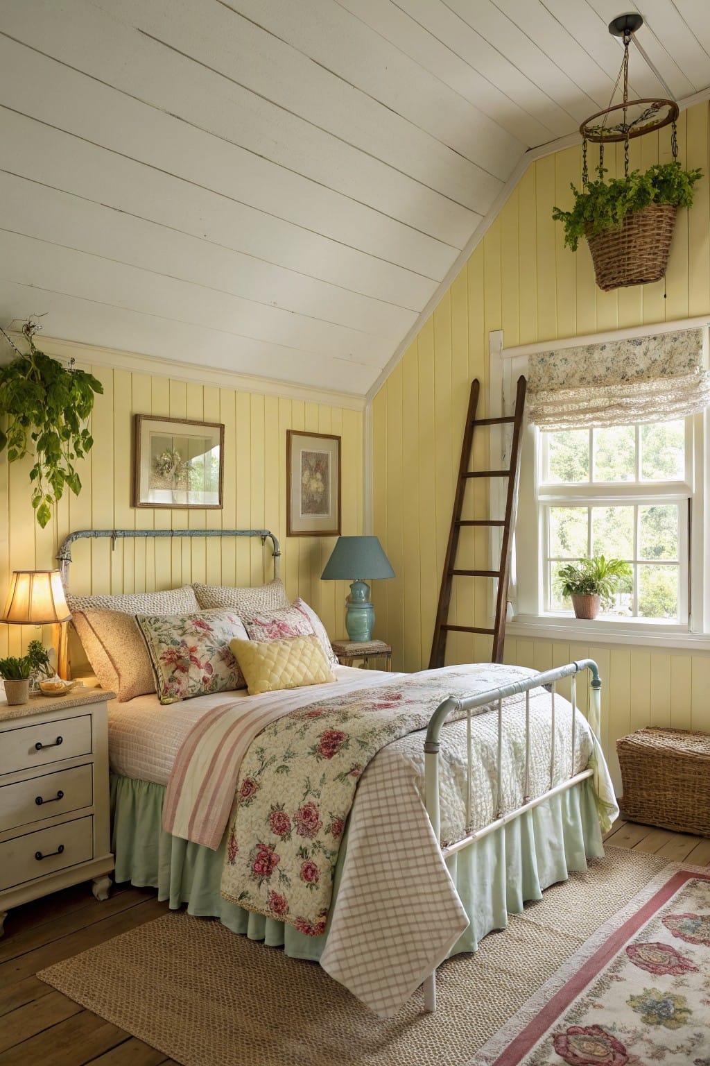 Cozy attic bedroom with pale yellow board-and-batten walls, white metal bed draped in floral quilts and pillows, wooden ladder by the window, potted plants, and hanging basket.