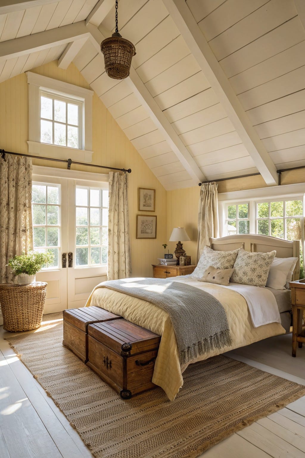 Cozy bedroom with pale yellow walls, white beadboard ceiling, large windows with floral curtains, wooden trunk benches by the bed, and neutral rug on whitewashed floors