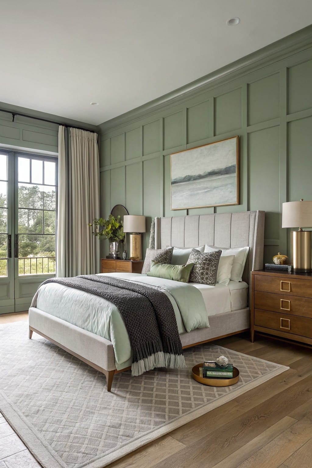 Serene bedroom featuring soft sage green paneled walls, a tufted upholstered bed with neutral linens and green accents, wood nightstands, brass lamps, and large windows with views of trees