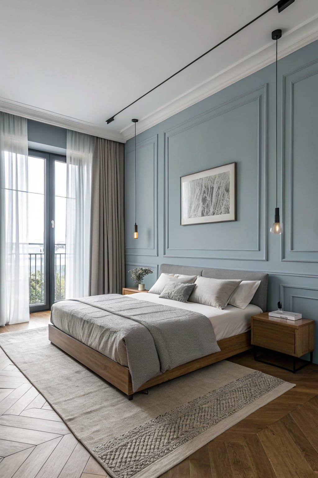 Serene bedroom interior with soft blue-gray paneled walls, king bed in light gray linens, wooden nightstand, balcony doors with sheer curtains, neutral rug on herringbone oak floors