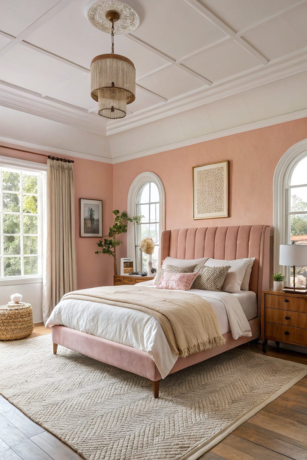 Bedroom interior with soft blush pink walls, tufted pink velvet bed frame, white bedding with tan throws, wood nightstands, and large arched windows with cream drapes
