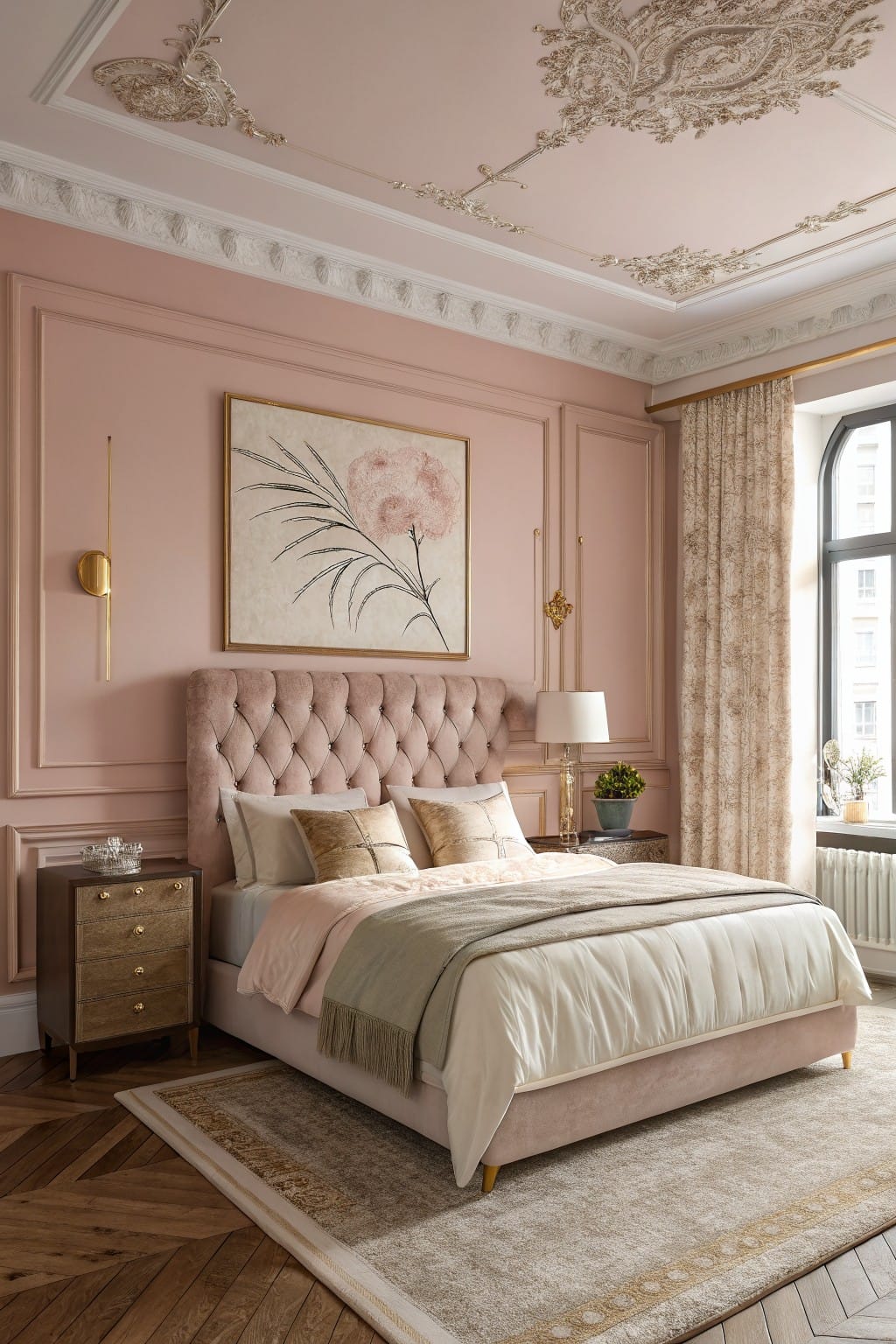 Bedroom interior with blush pink walls, tufted pink upholstered bed, gold accents, ornate moldings, and warm wood floors