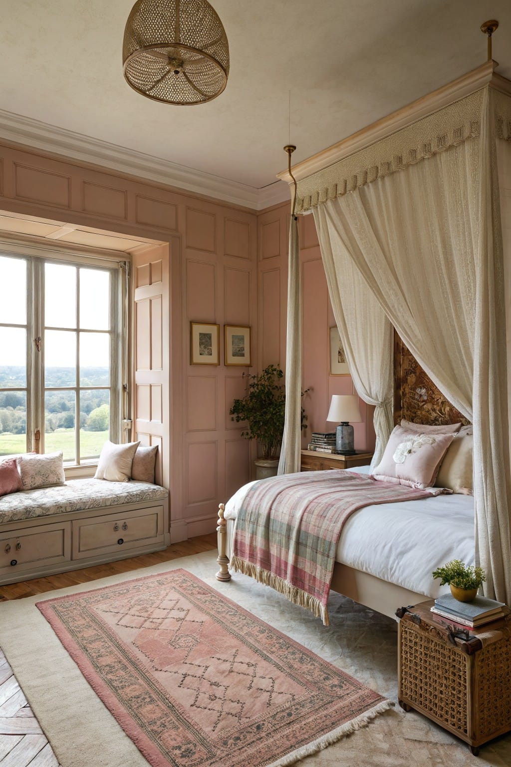 Cozy bedroom with pink walls, canopy bed, window seat, and decorative rug.