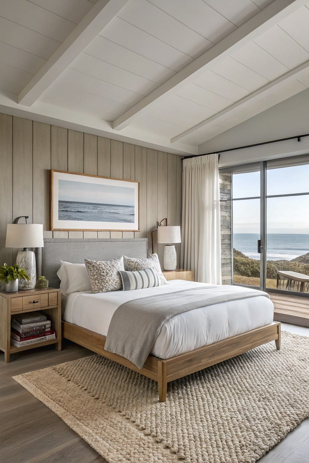 Bedroom with soft greige wood-paneled walls, white beamed ceiling, neutral bed, and ocean view through sliding doors