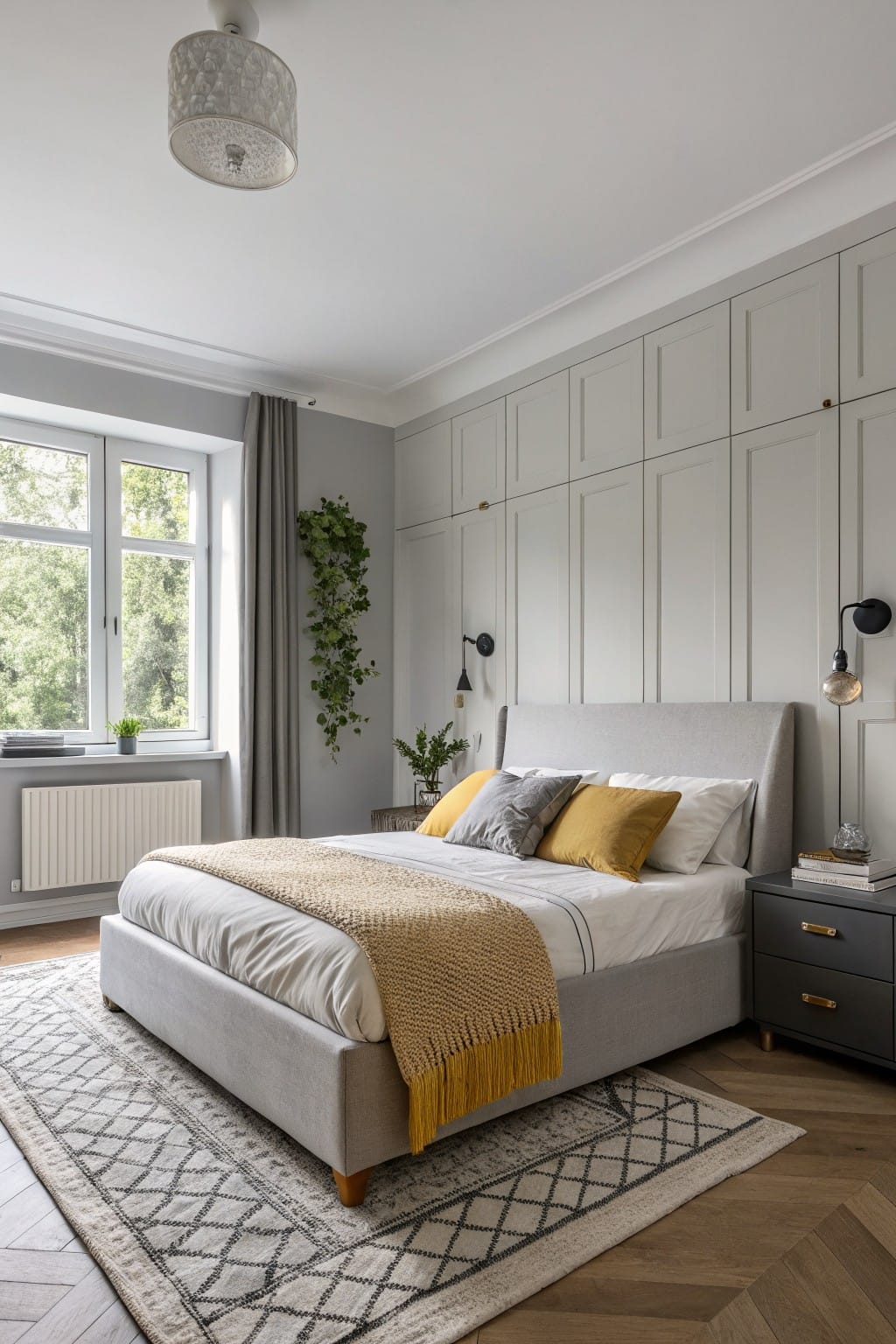 Bedroom with soft greige paneled walls, gray bed topped with yellow throw and pillows, black bedside lamps, and herringbone wood floors