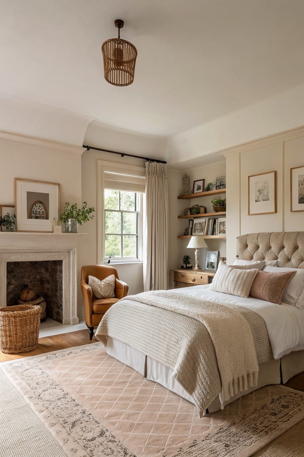 Bedroom corner with soft greige walls, tufted beige bed, leather armchair by fireplace, built-in shelves, and window overlooking trees