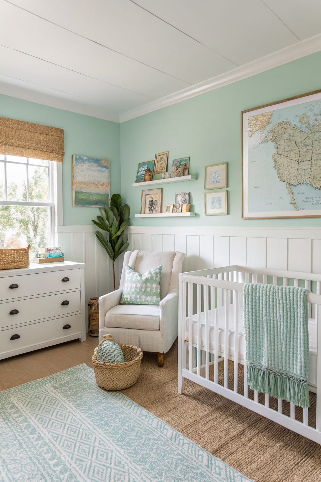Nursery bedroom featuring soft mint green walls with white wainscoting, crib, armchair, and woven accents