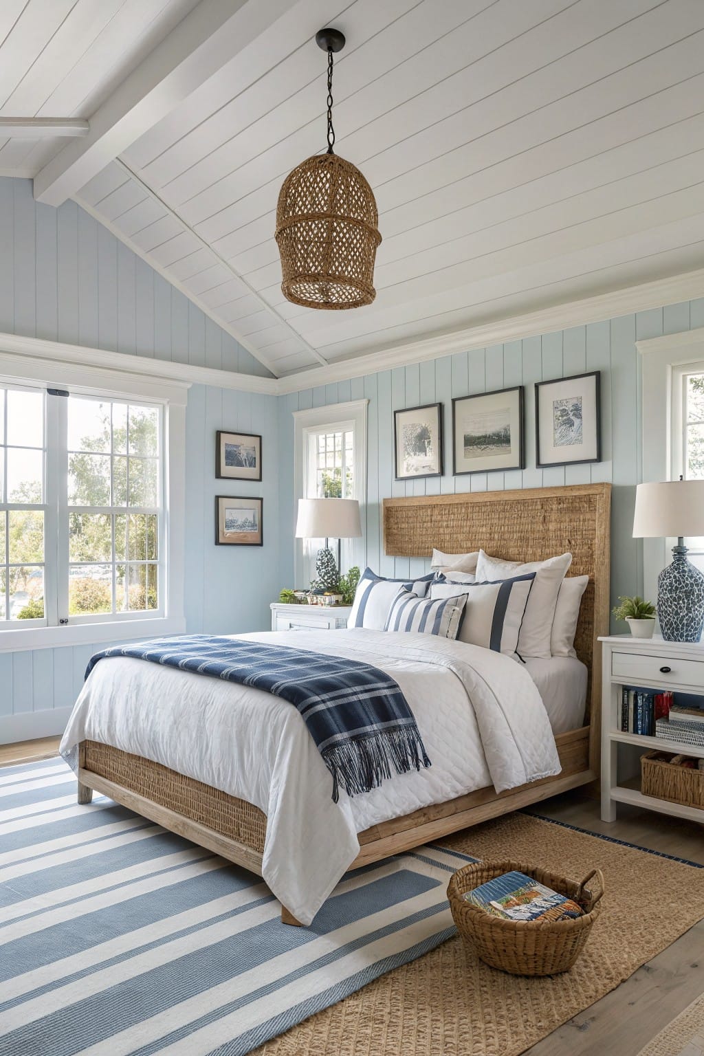 Bright, coastal-style bedroom with a woven bed, blue walls, and striped rug.