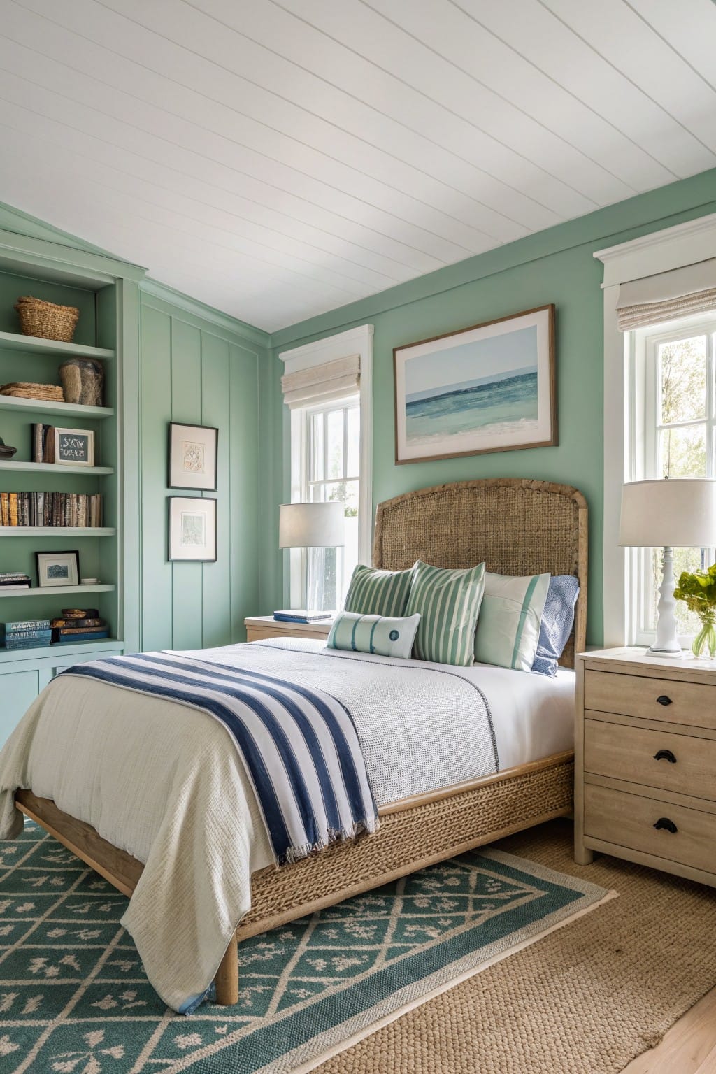 Bedroom with pale sage green shiplap walls, white beadboard ceiling, rattan bed with nautical bedding, built-in bookshelves, and coastal artwork by double windows