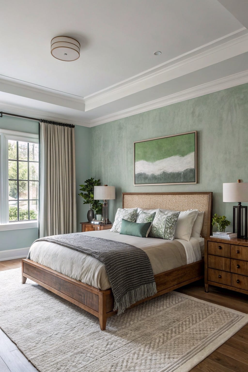 Serene bedroom with pale sage green textured walls, rattan headboard bed, wooden nightstands, neutral bedding, and soft natural light from window